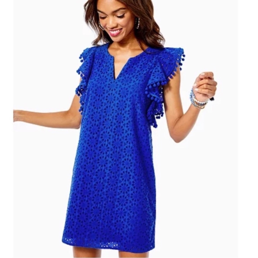 Lilly Pulitzer Astara Baha BlueNeon Ruffled Mini Eyelet Dress Large EUC